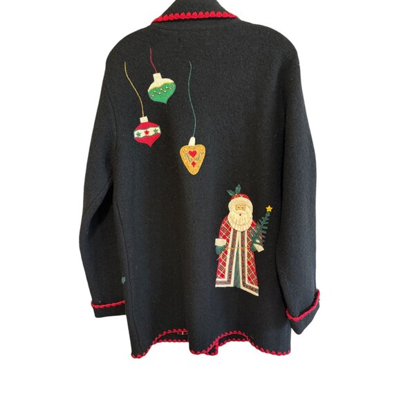 Vtg Sharon Young Black Wool Christmas Cardigan Santa Bear Button Down Hong Kong - Picture 13 of 15